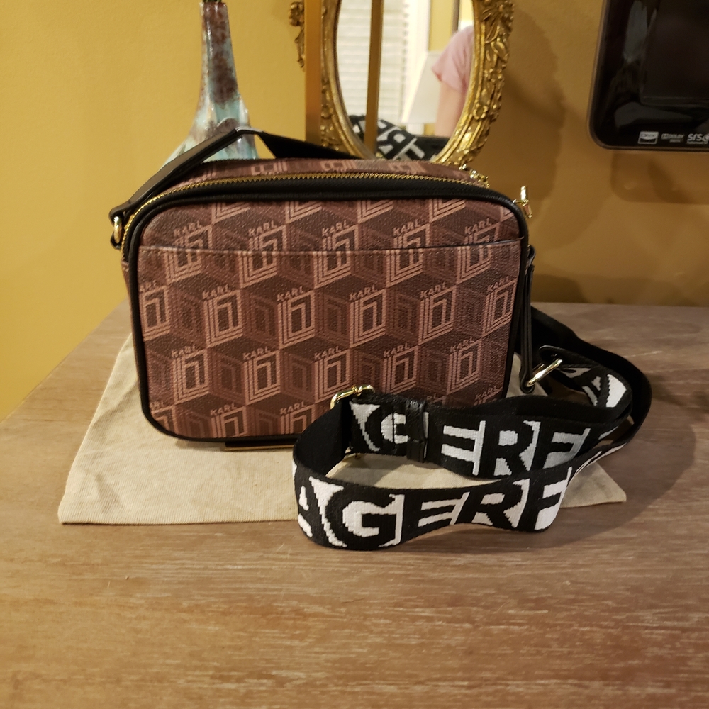 Karl Lagerfeld Brown Geometric Crossbody Camera Bag Black & White Strap NWT! - Picture 2 of 5